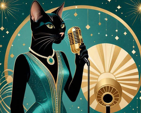 Elegant Black Cat in Teal Gown with Art Deco Background