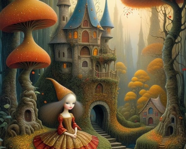 Whimsical Landscape with Girl and Fantasy Castle