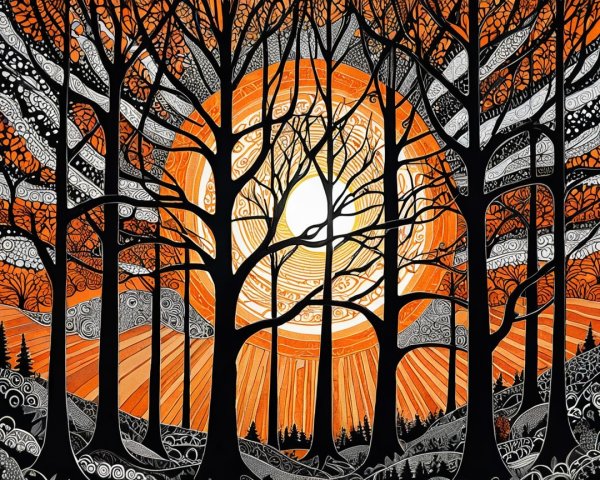 Vibrant Sunset Behind Intricate Black Trees