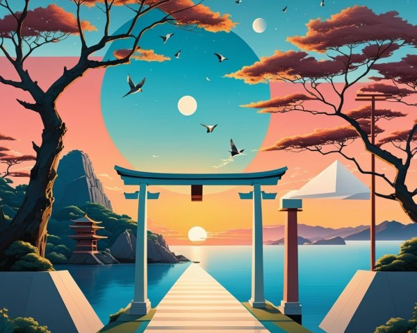 Tranquil Landscape with Pathway and Torii Gate