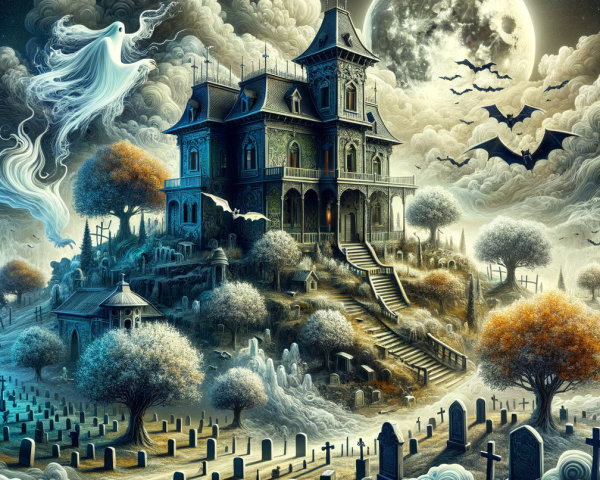 Haunted House in Foggy Graveyard Under Moonlight
