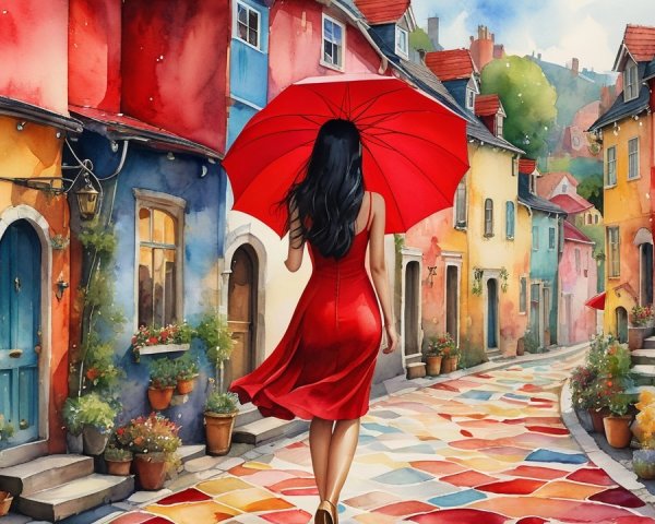 Watercolor Scene of Woman in Red Dress on Cobblestone Street