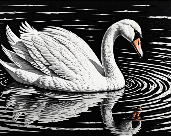 Swan Gliding on Tranquil Lake with Reflective Ripples