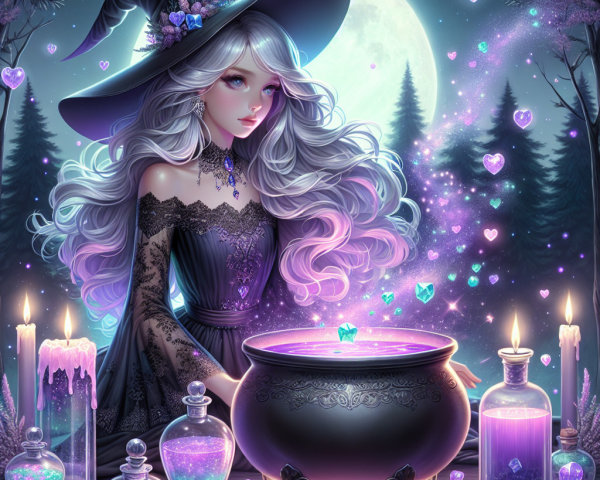 Young Witch at Cauldron in a Mystical Night Scene