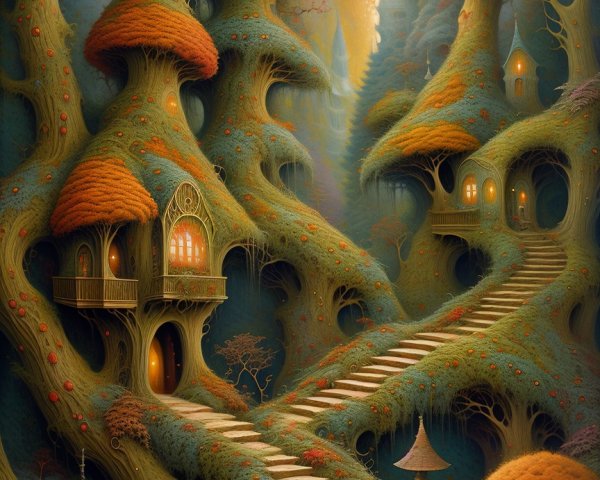 Whimsical Landscape with Oversized Colorful Trees