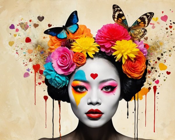 Portrait of a woman with flowers and butterflies