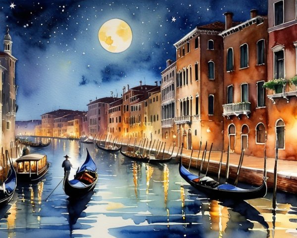 Serene Nighttime Scene of Illuminated Venice Canal