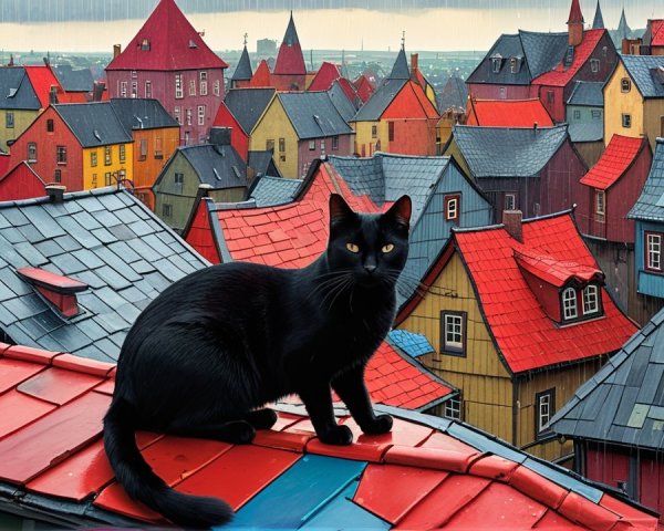 Black Cat on Red Rooftop Overlooking Colorful Village