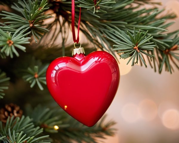 Red Heart Ornament on Pine Tree with Twinkling Lights