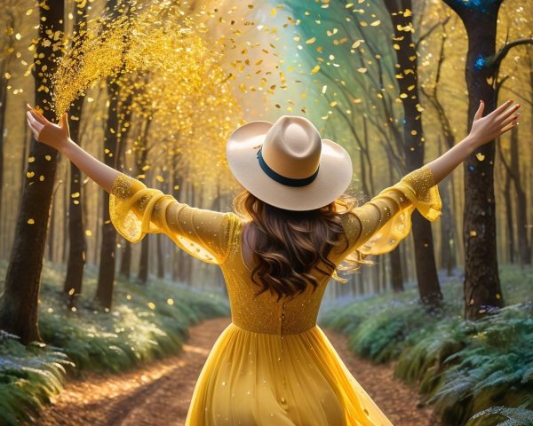 Woman in Yellow Dress Twirling in Sunlit Forest