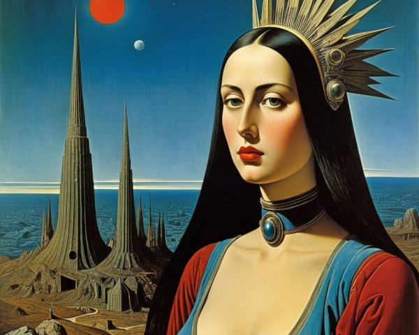 Striking Woman in Vibrant Gown in Surreal Landscape