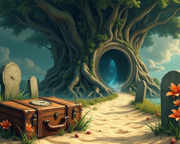 Ancient Tree with Portal and Vintage Suitcase Scene
