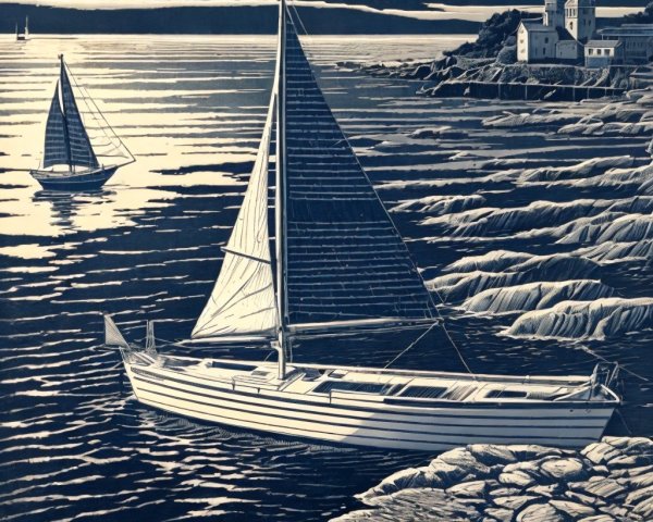 Tranquil Seascape with Sailboats and Lighthouse