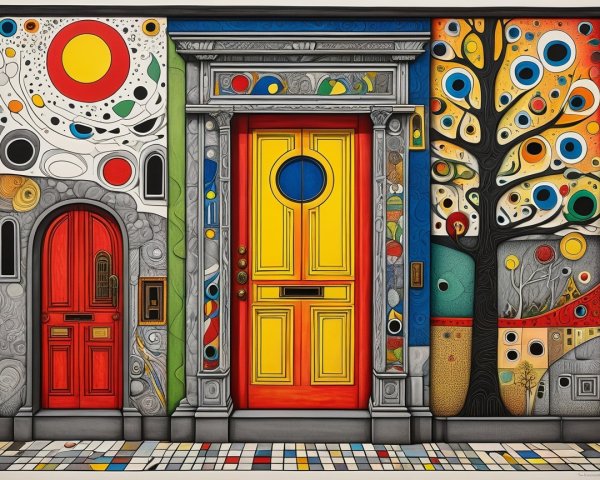 Whimsical Scene with Colorful Doors and Tree