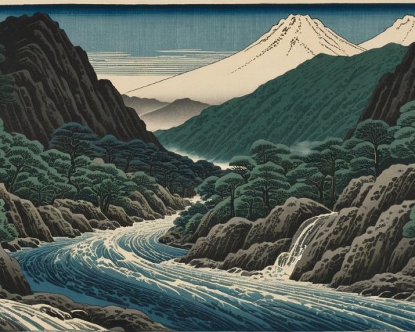 Serene River Landscape with Mountains and Evergreen Trees