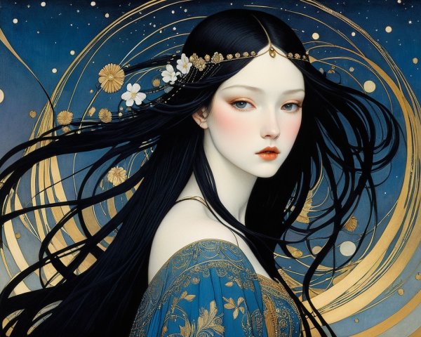 Portrait of a young woman in an elegant blue gown