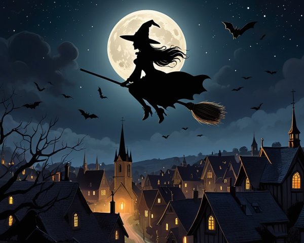 Witch Flying Over Moonlit Village on Halloween Night