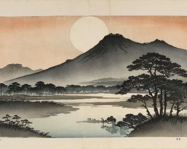 Mountain Silhouette with Calm Waters and Warm Sky