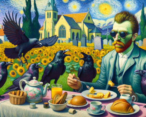 Breakfast Scene in a Sunflower Field with Crows