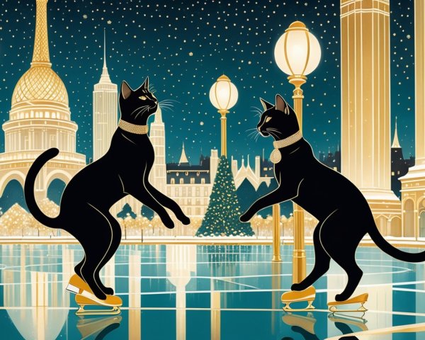 Black Cats Skating on a Festive Ice Rink Scene