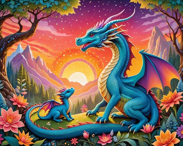 Majestic Blue Dragon in a Vibrant Fantasy Landscape