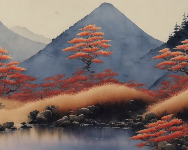 Serene Landscape with Mountains and Autumn Colors