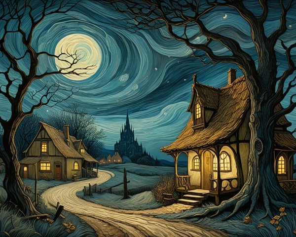 Whimsical Night Scene with Cottages and Castle