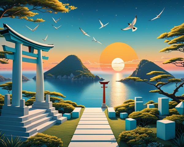 Serene Landscape with Torii Gate and Sunset Seascape