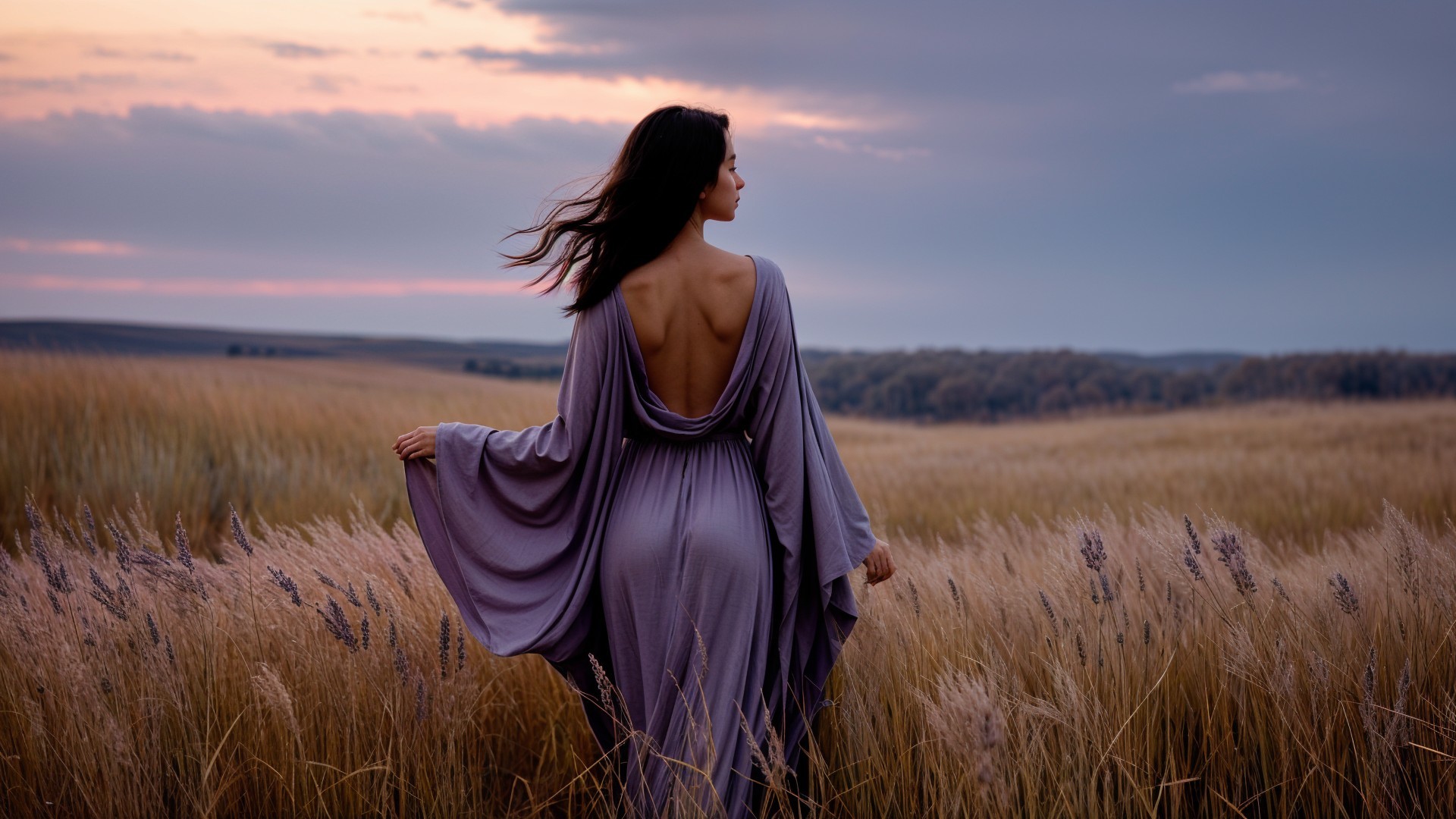 Woman in Purple Dress in Golden Grass Field at Sunset