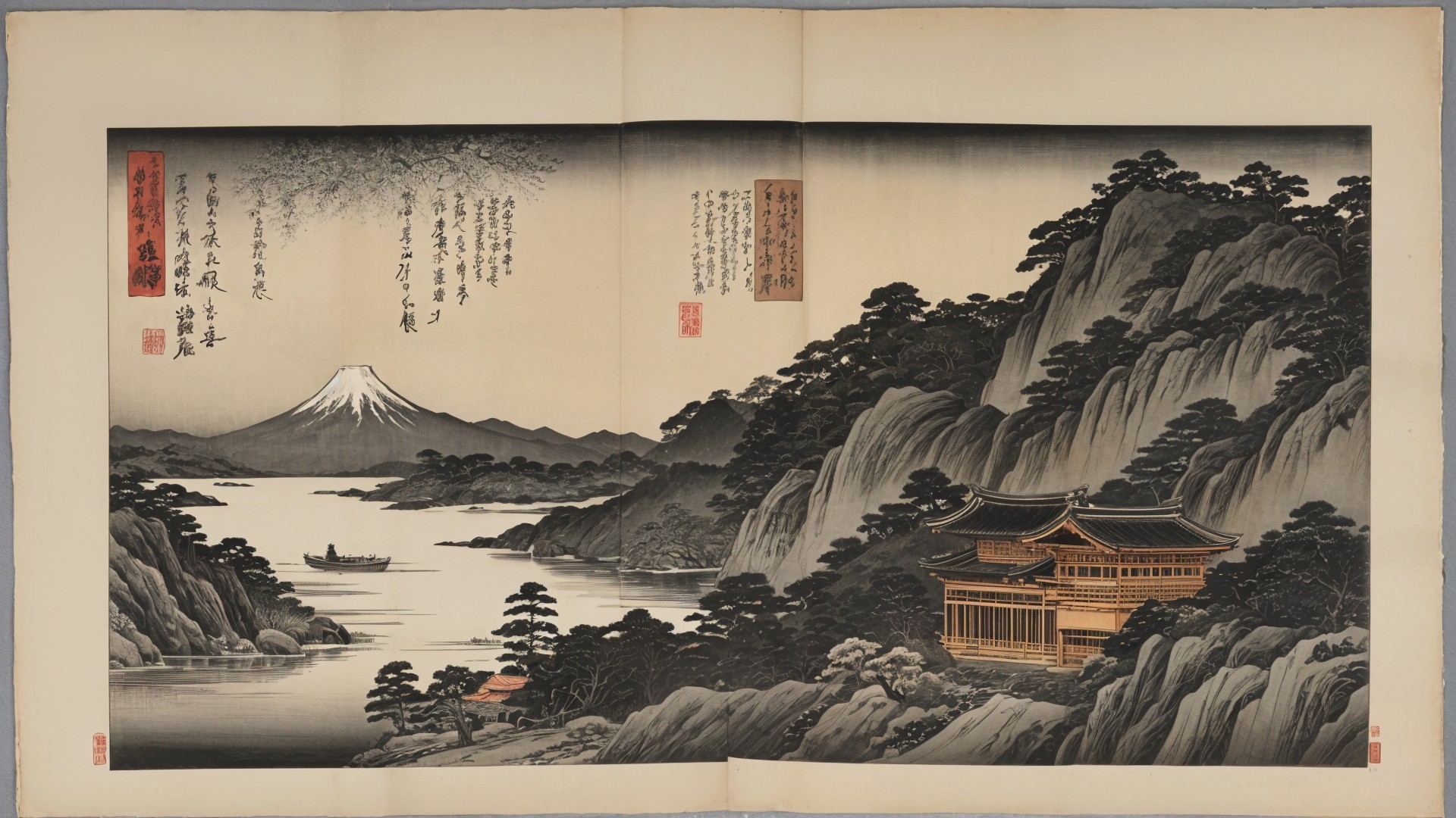 Japanese Landscape with Mount Fuji and Tranquil Waters