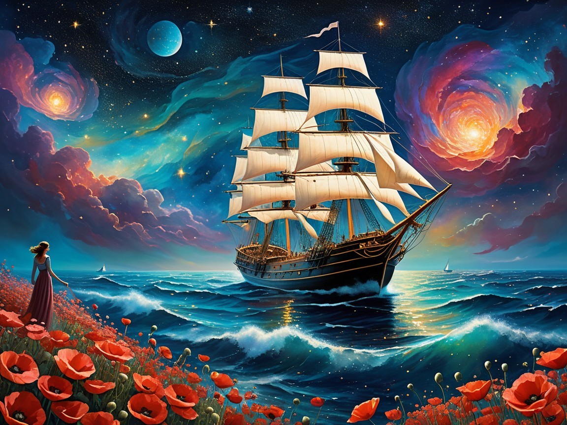 Majestic Ship in Cosmic Waters with Blooming Poppies