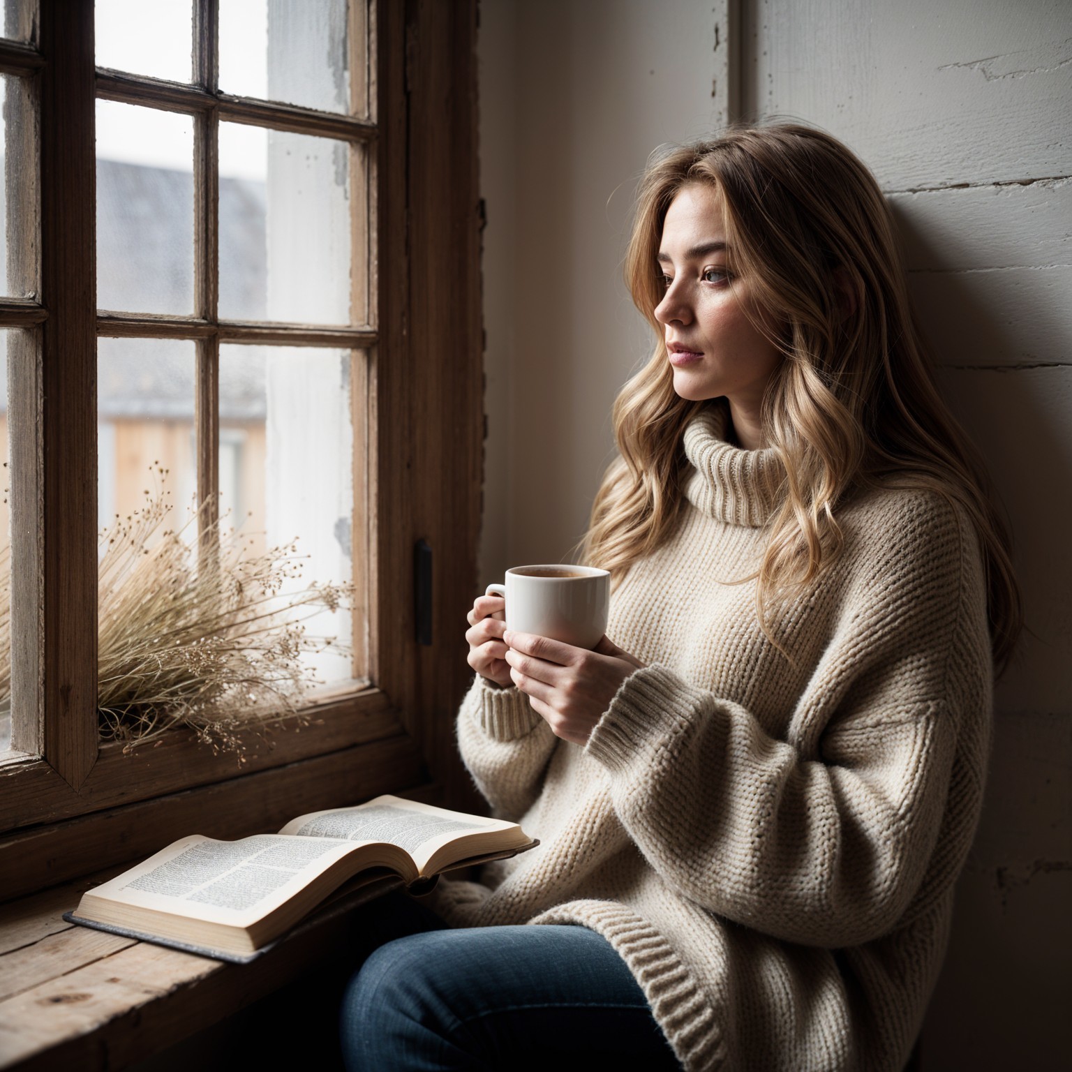 Young Woman by Window with Coffee and Book