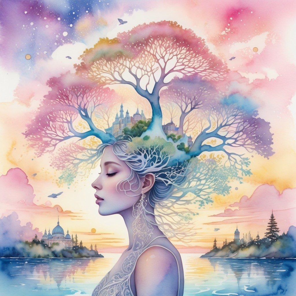 Ethereal Woman with Tree in Dreamy Landscape Scene