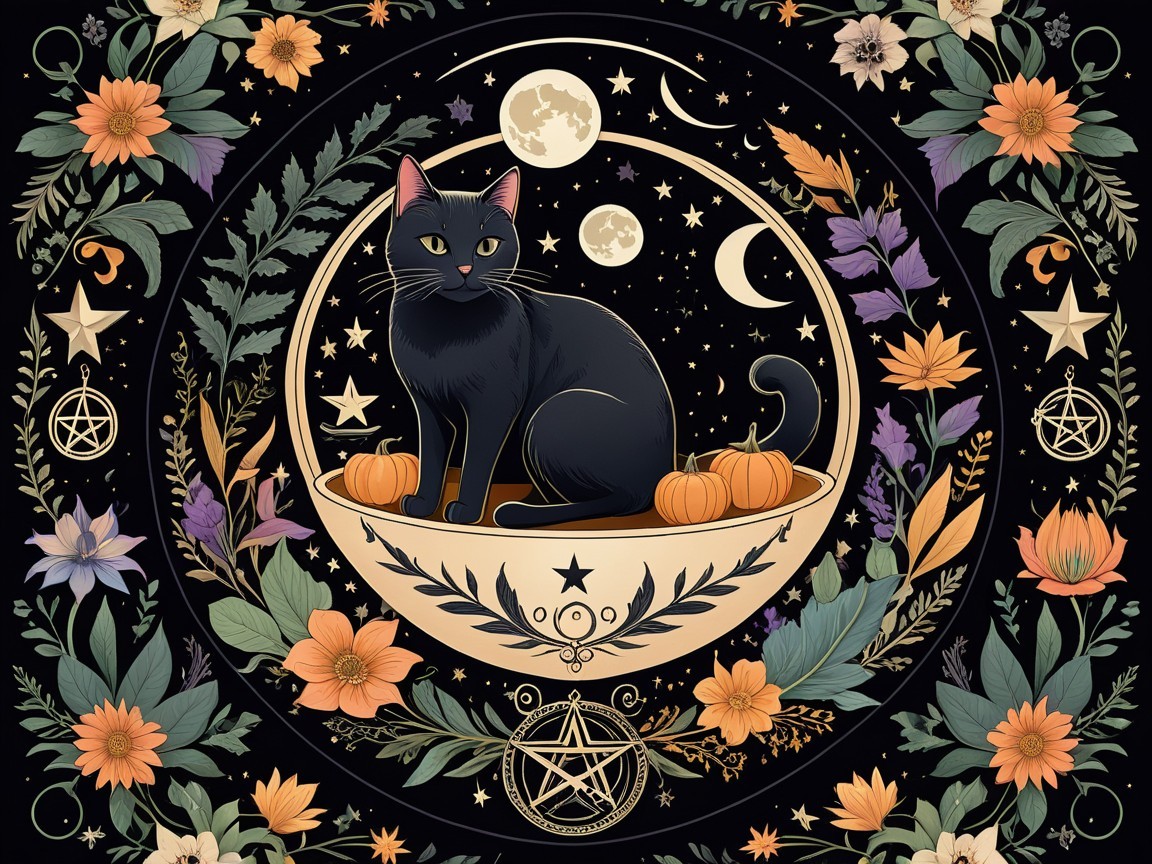 Black Cat in Celestial Bowl with Autumn Floral Designs