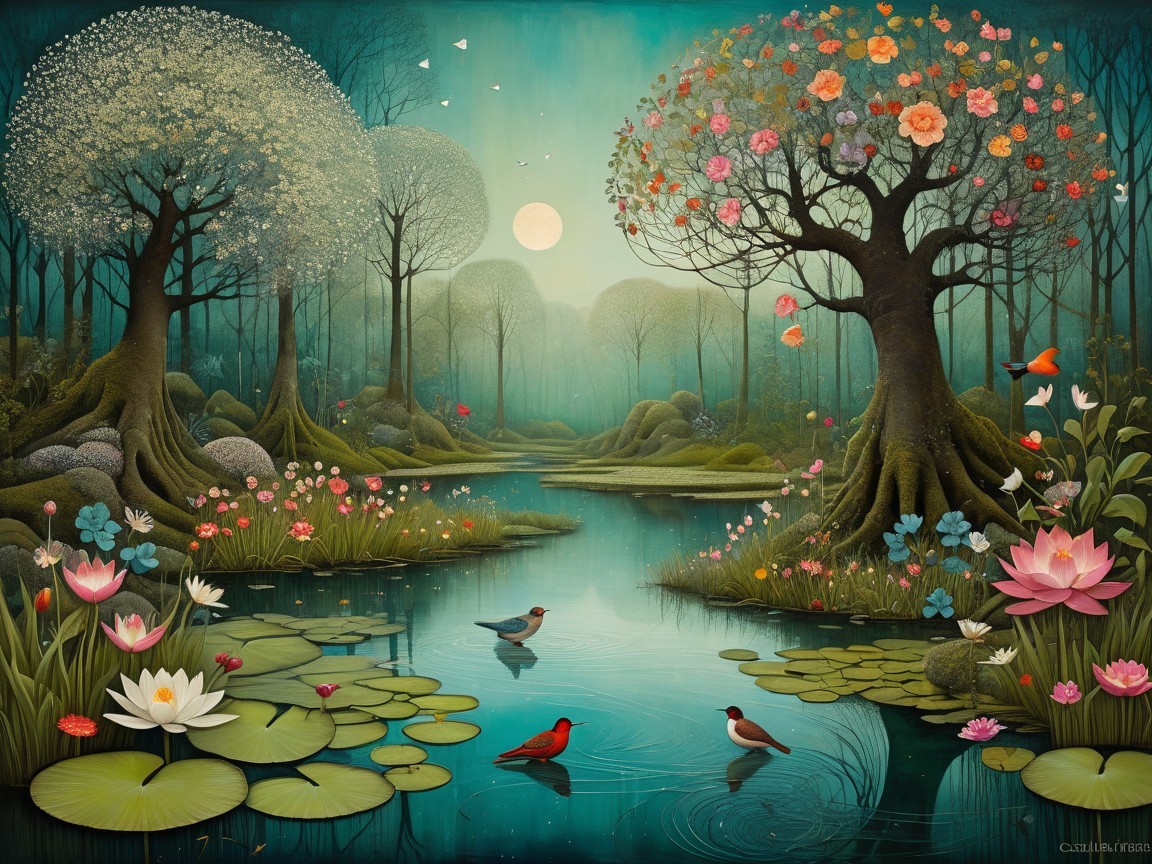 Serene River Landscape with Lush Forest and Blossoms