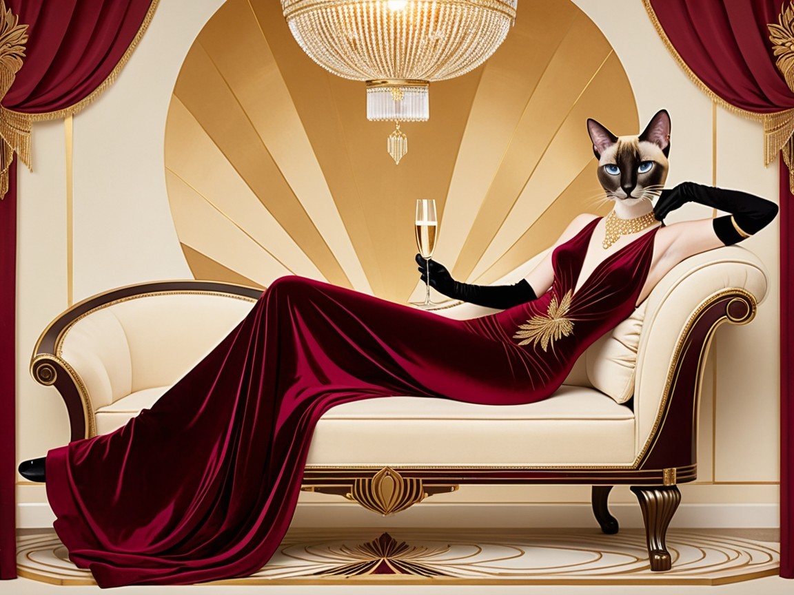 Siamese Cat in Elegant Gown on Plush Chaise Longue