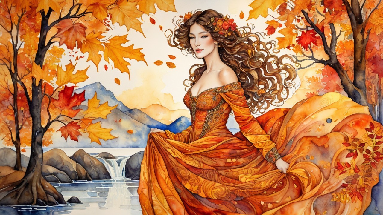 Woman in Orange Gown Surrounded by Autumn Landscape