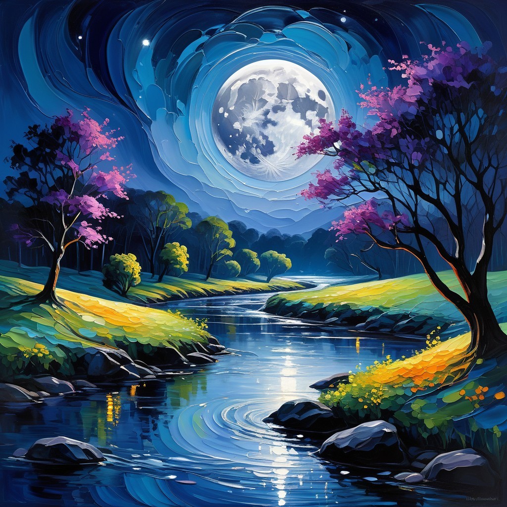 Serene Night Landscape with Full Moon and River