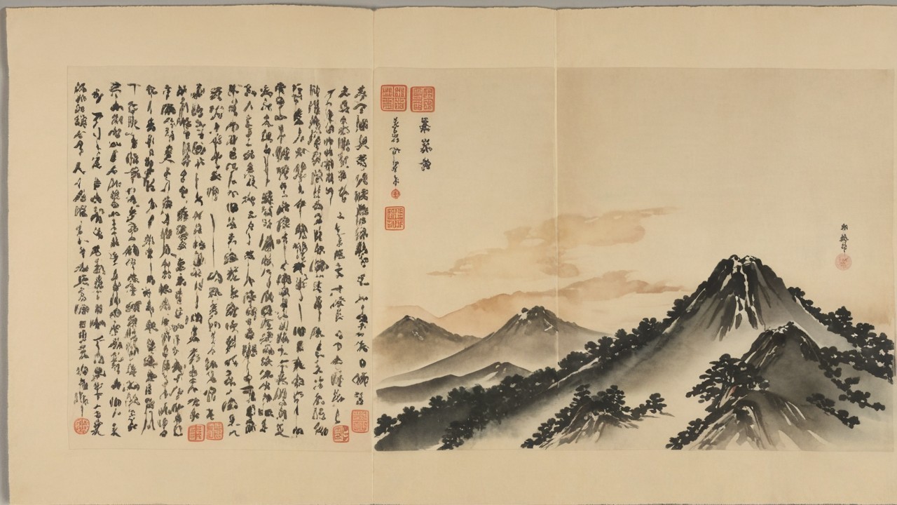 Traditional Chinese Landscape Painting with Calligraphy