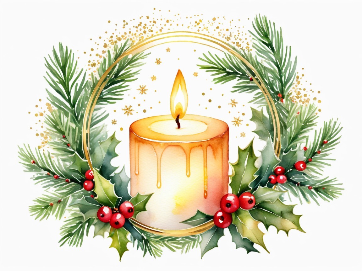 Candle Surrounded by Holiday Greenery and Berries