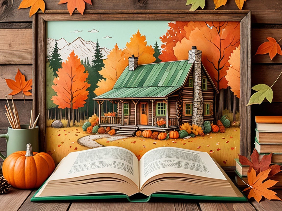 Cozy log cabin surrounded by autumn foliage and books