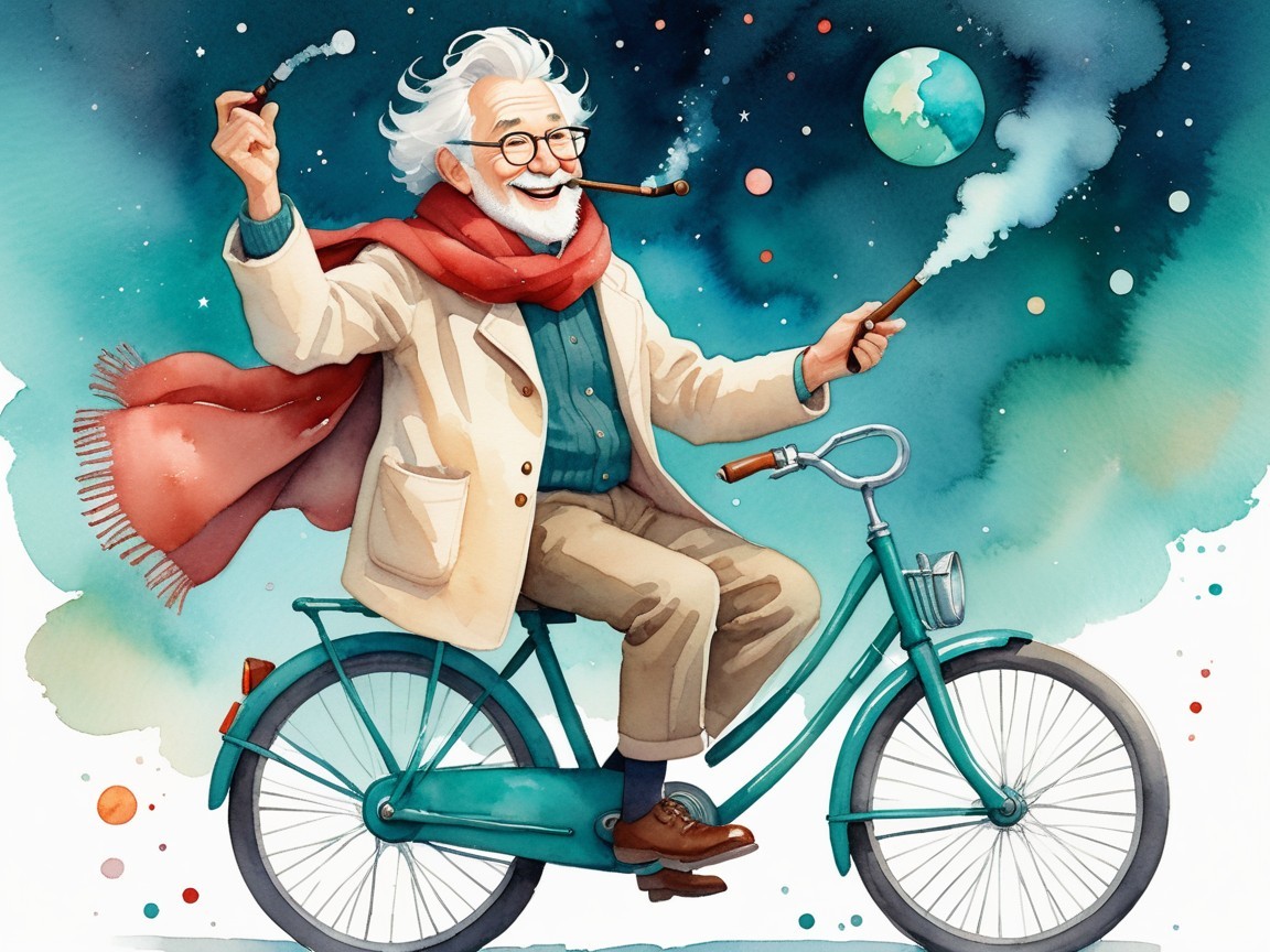 Elderly man on teal bicycle in starry night scene