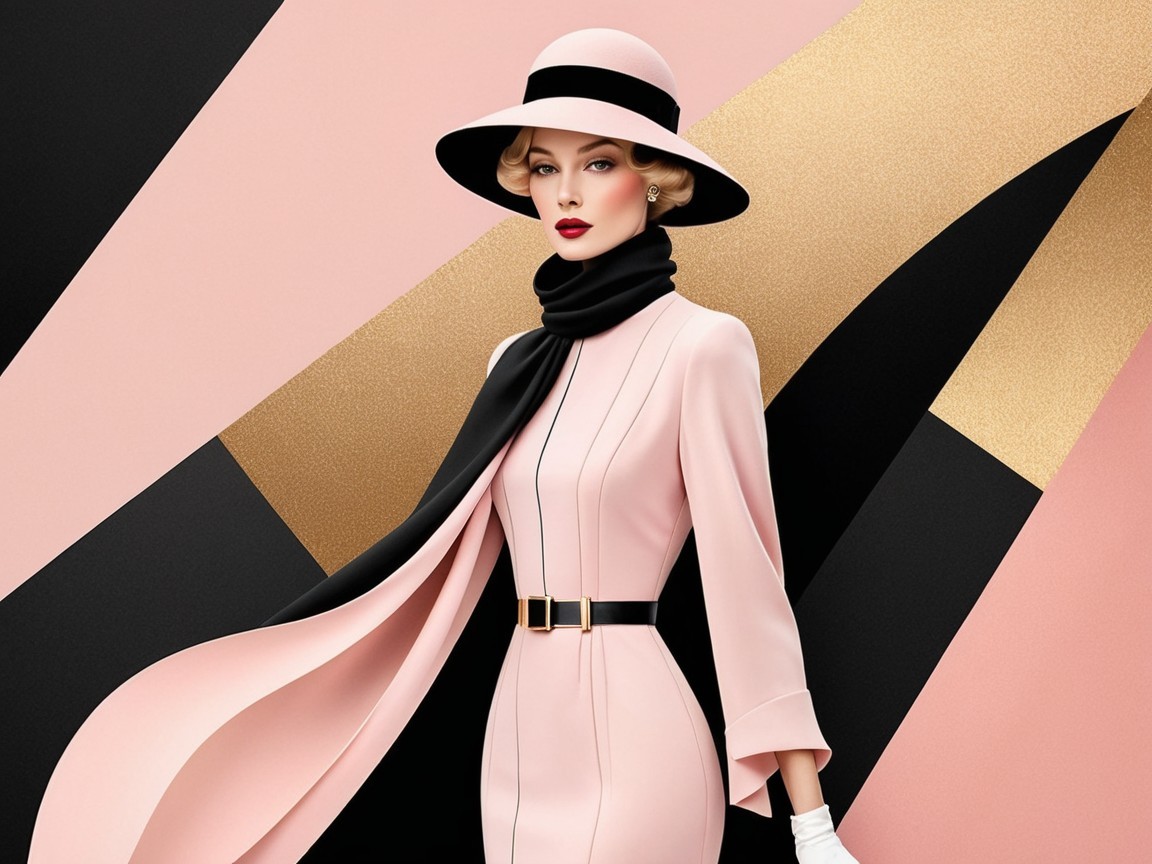 Chic Pink Dress with Black Accents and Geometric Background