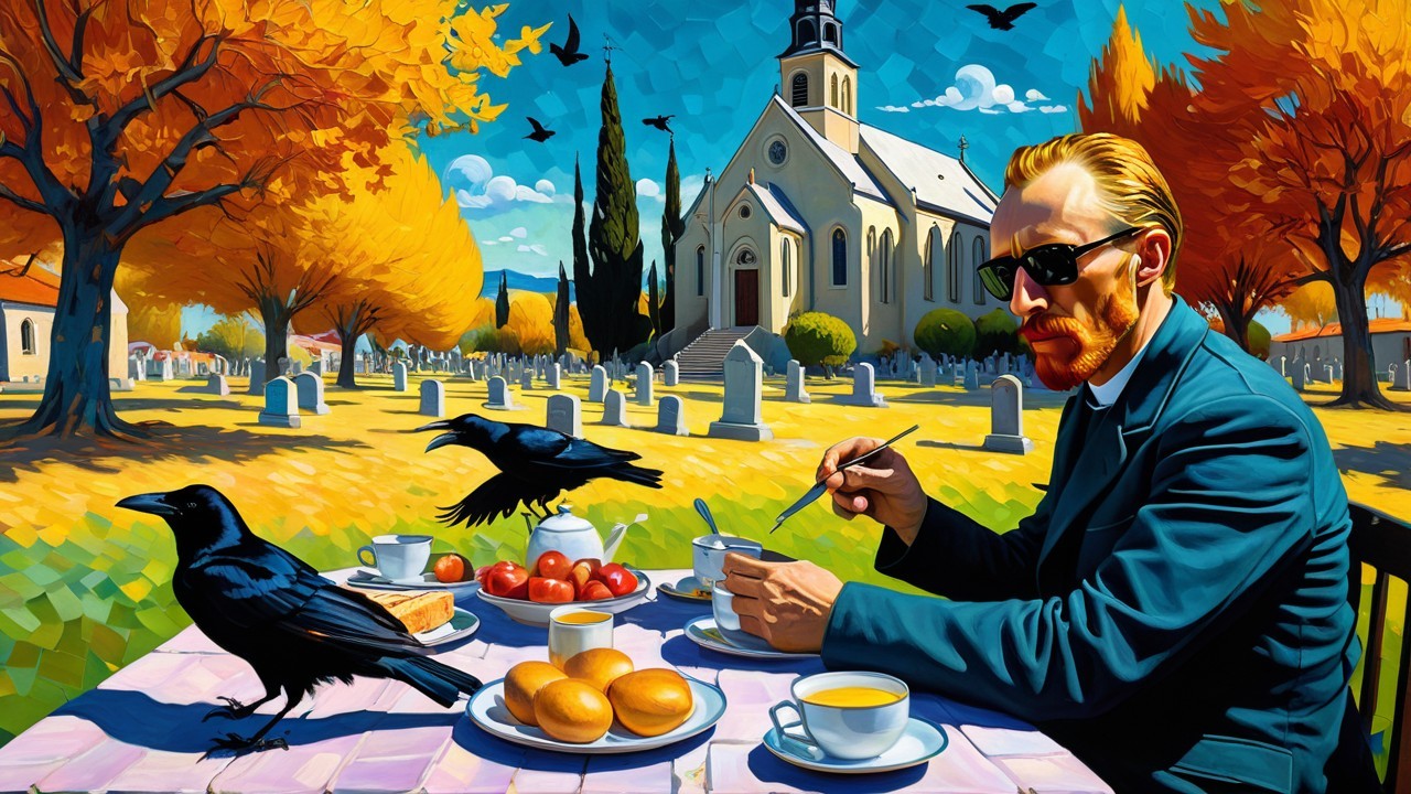 Autumn Cemetery Scene with Breakfast and Crows