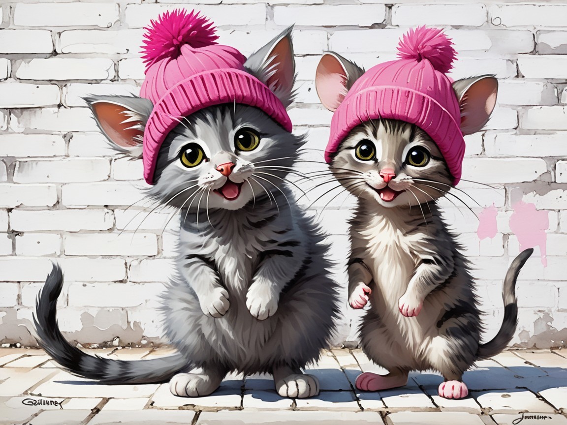 Kittens in Pink Hats Playfully Posing by Brick Wall