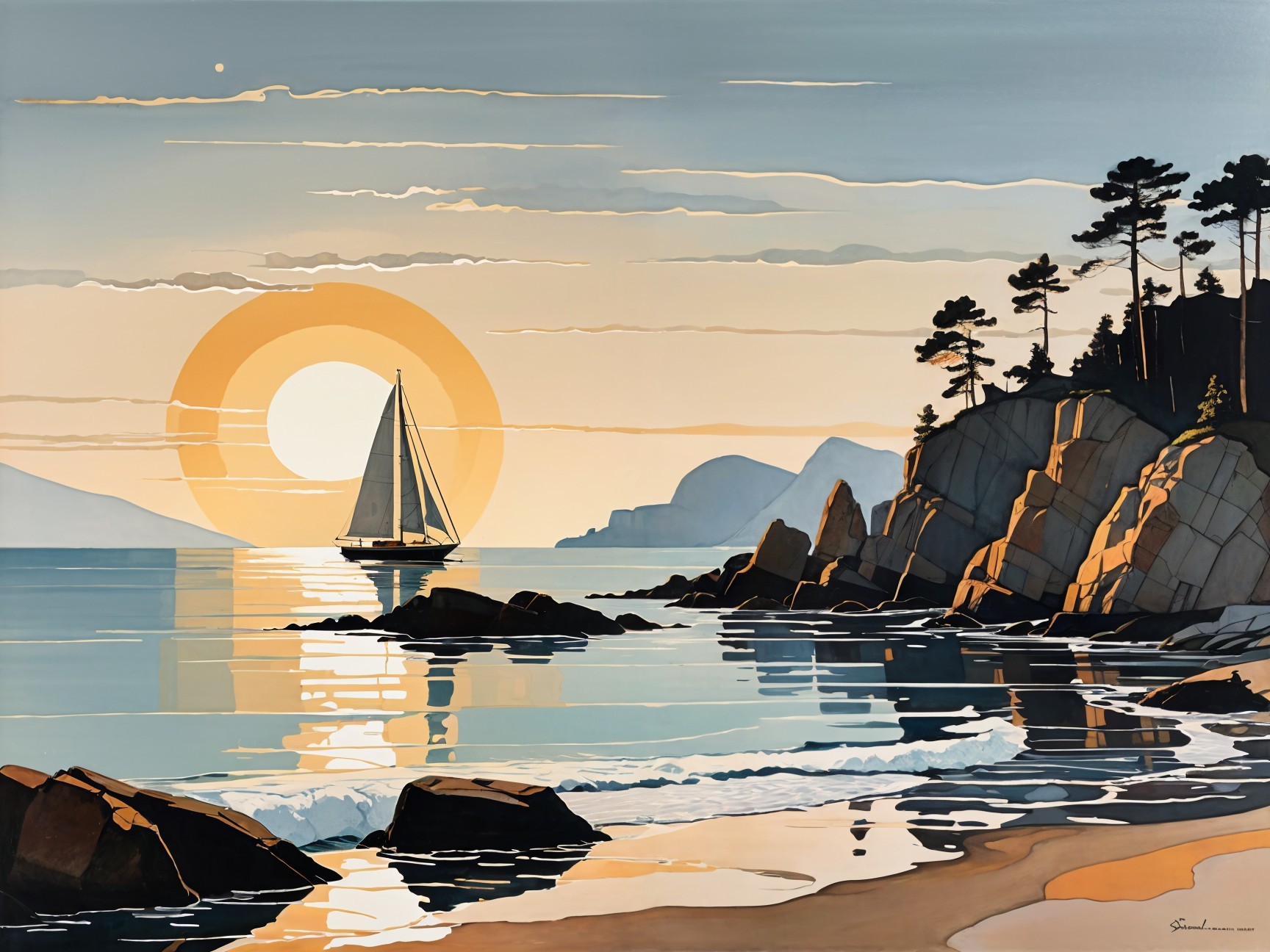 Serene Seascape with Sailboat and Sunset Colors