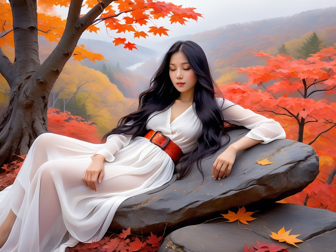 Serene Figure in White Gown Amidst Autumn Foliage