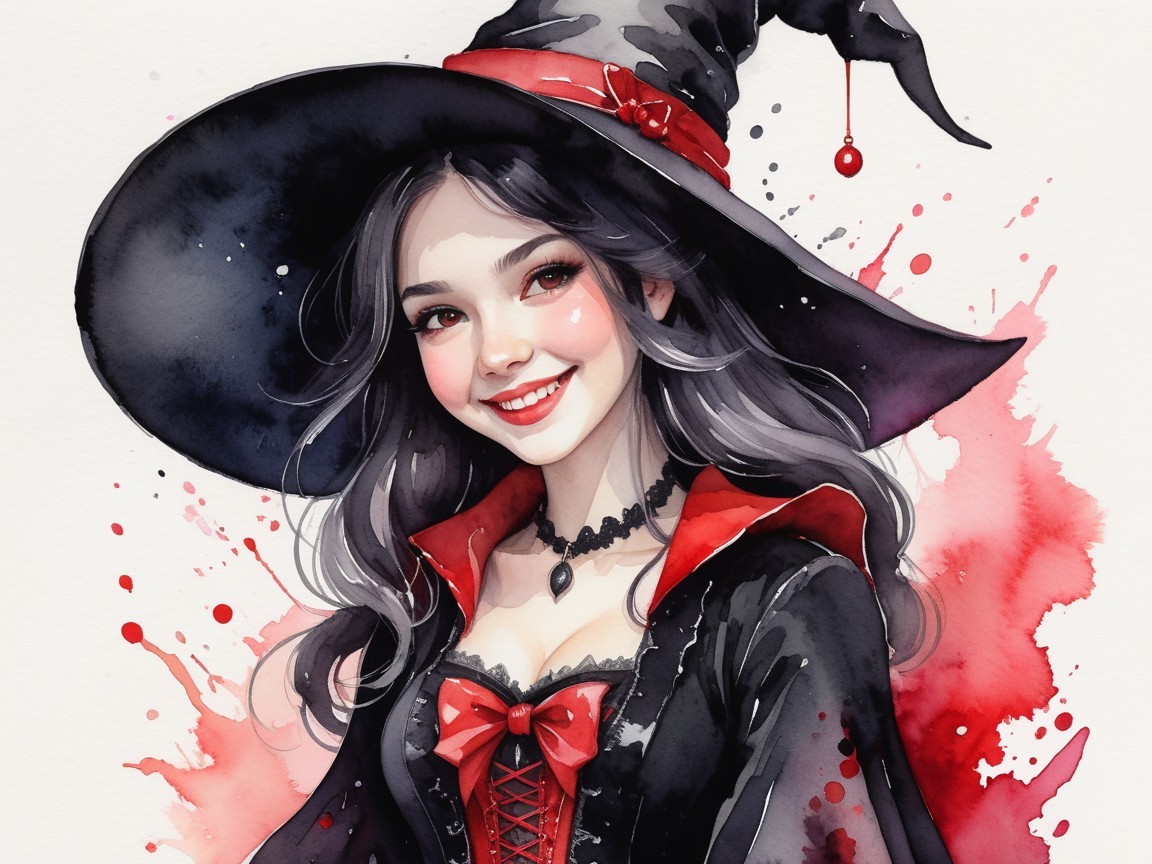 Charming Witch in Black Dress with Red Accents