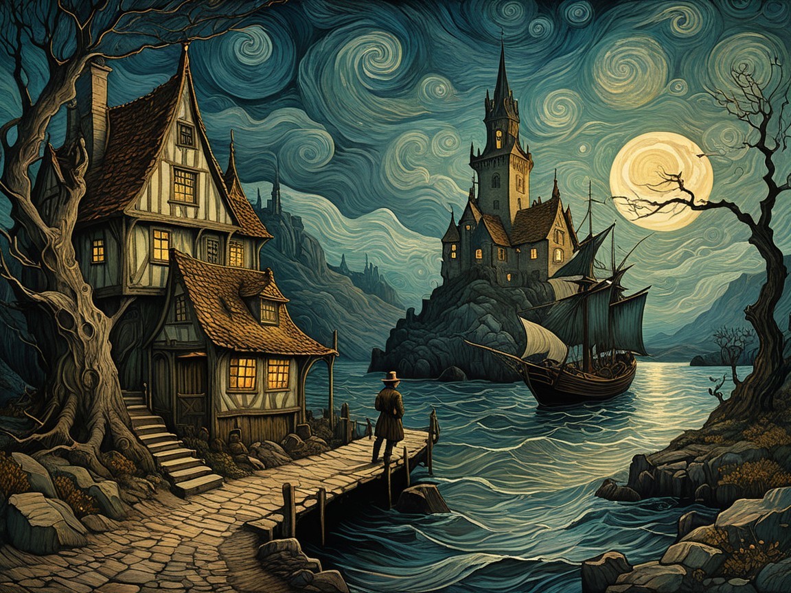 Moonlit Village Scene with Castle and Sailing Ship