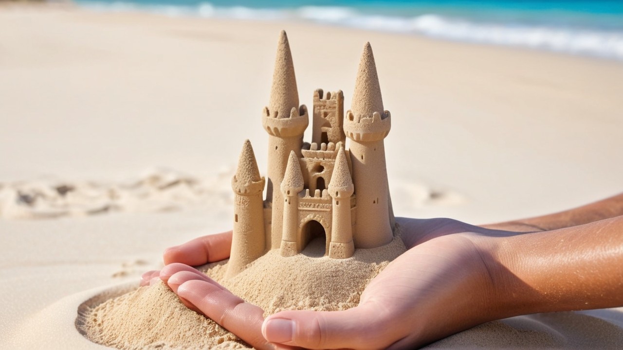 Detailed Sandcastle Held by a Person at the Beach